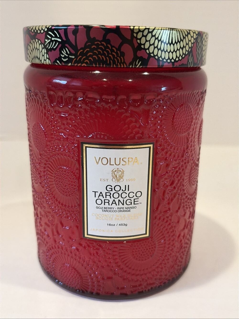 NEW- Voluspa Large Jar Candle 16oz Goji Berry Tarocco Orange Mango Natural